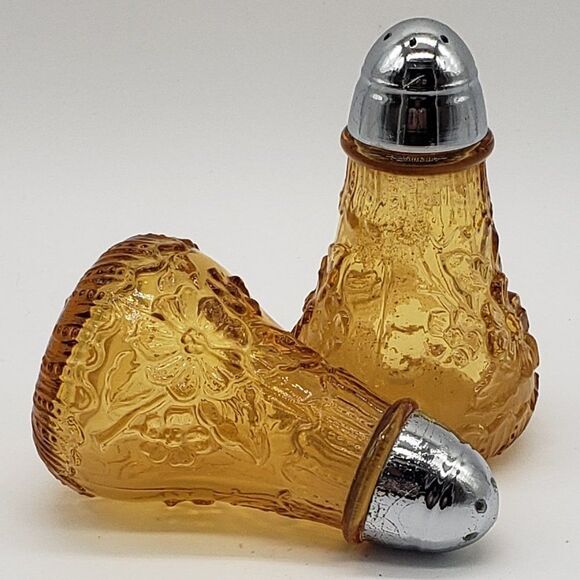 Viking Vintage Amber Glass Daisy Flowers Chrome Lid Salt & Pepper Shaker Set - Picture 4 of 11